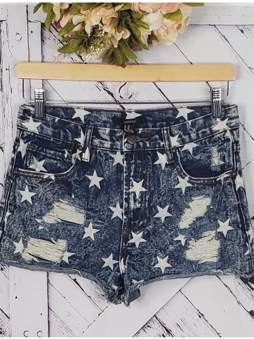 Forever 21 Star High-Rise Distressed Jean Shorts 27 Blue White